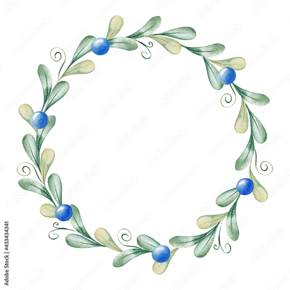 Hand drawn watercolor minimalistic wreath. Botanical frame of blueberries and leaves. Summer mood. Botanical Design elements. Perfect for invitations, greeting cards, prints, posters, packing etc 