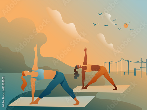 Young girls in the park do yoga on mats, exercise asana with a twist. A healthy lifestyle concept against an abstract background of clouds and birds. Modern flat design.