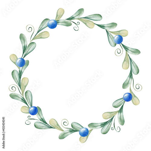 Hand drawn watercolor minimalistic wreath. Botanical frame of blueberries and leaves. Summer mood. Botanical Design elements. Perfect for invitations, greeting cards, prints, posters, packing etc 