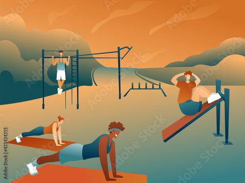 A couple of men and women at a workout in the park in summer clothes are engaged on sports mats. A man pumps abs on the simulator. The guy pulls himself up on the uneven bars. 