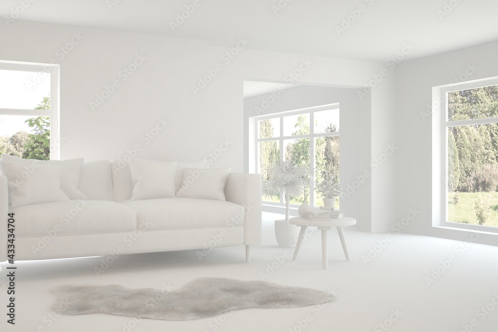 Fototapeta premium White minimalist living room with sofa. Scandinavian interior design. 3D illustration