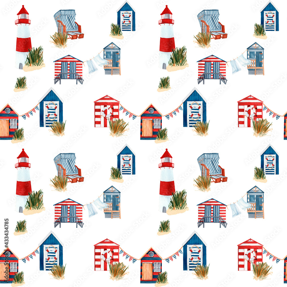 Seamless pattern with watercolor beach huts, lighthouse and flags. Seamless pattern with watercolor beach huts, lighthouse and flags.