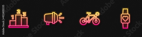 Set line Bicycle, Award over sports winner podium, head lamp and Smart watch. Glowing neon icon. Vector