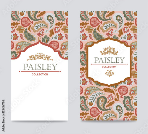 Flyer design template. Vector card with paisley pattern and traditional frame with place for your text. 