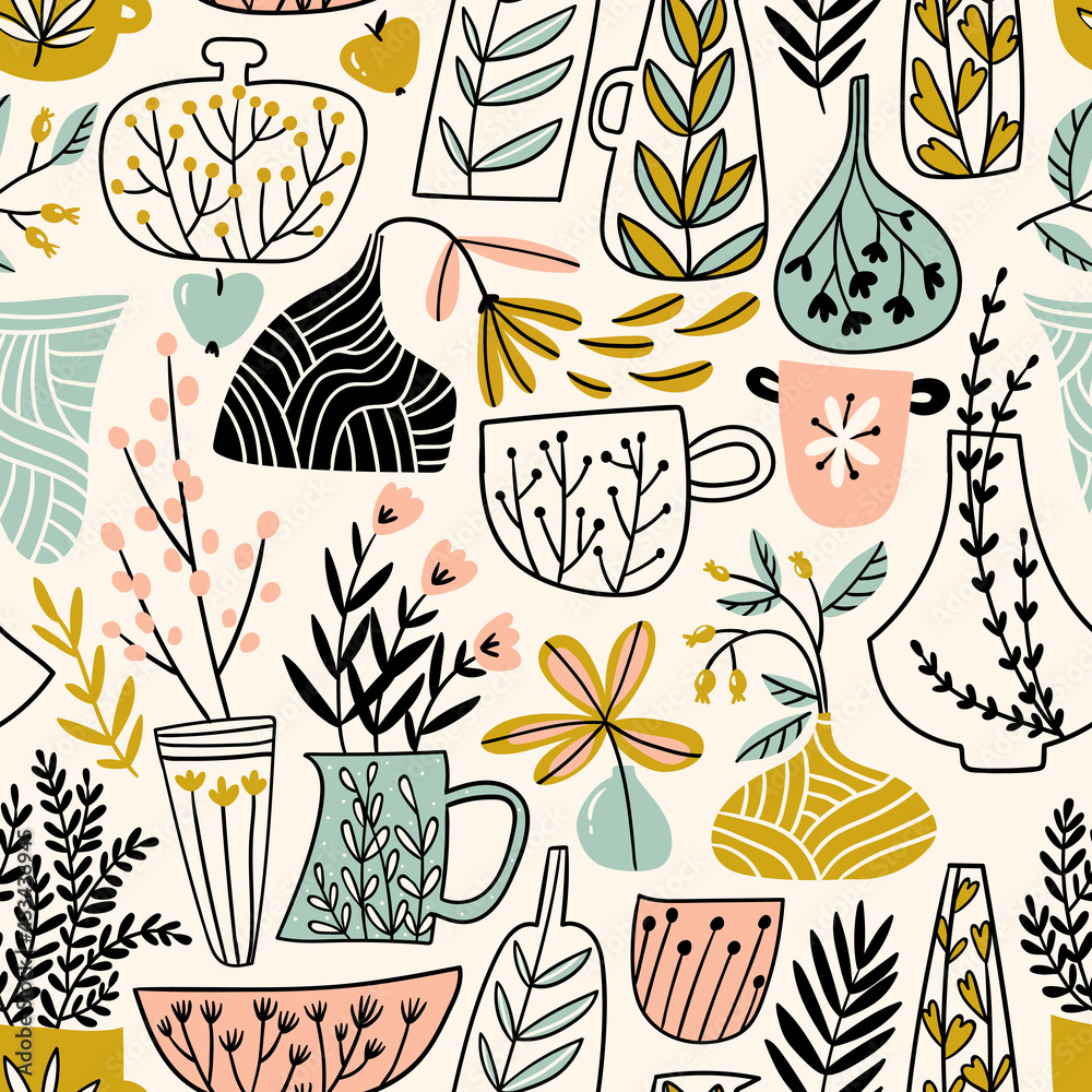 Potted flowers. Vector illustration in scandinavian style.  Hand drawn seamless pattern design for fabric or wrapping paper.