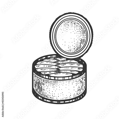 Canned fish sketch engraving vector illustration. T-shirt apparel print design. Scratch board imitation. Black and white hand drawn image.