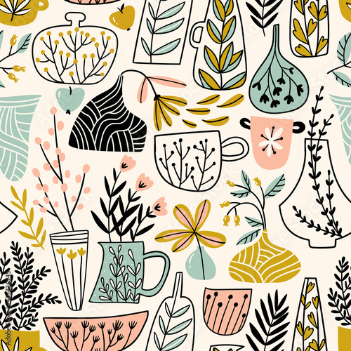 Potted flowers. Vector illustration in scandinavian style.  Hand drawn seamless pattern design for fabric or wrapping paper. photo