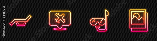Set line Diving mask and snorkel, Sunbed umbrella, Speech bubble with airplane and Photo. Glowing neon icon. Vector
