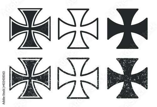 Cross vector shape symbol with grunge texture. Christianity sign. Christian religion icon. Catholic and protestant faith logo or image. Teutonic crusader label. Gothic crusade crucifix.