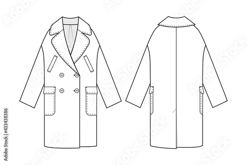 Fashion technical drawing of oversized coat. Woman coat fashion flat template.