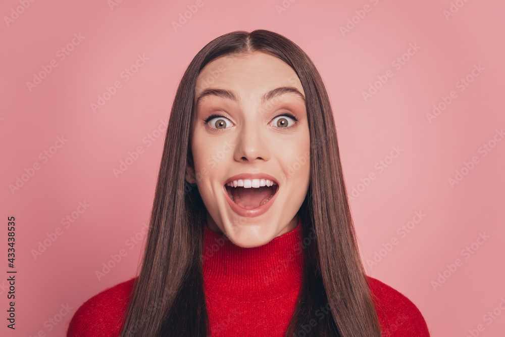 Close up photo beautiful lady open mouth wear casual red pullover isolated pink background Close up photo beautiful lady open mouth wear casual red pullover isolated pink background