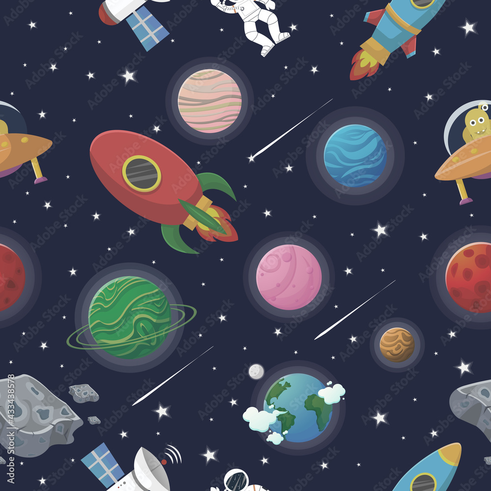 Galaxy pattern cartoon style. Astronaut with