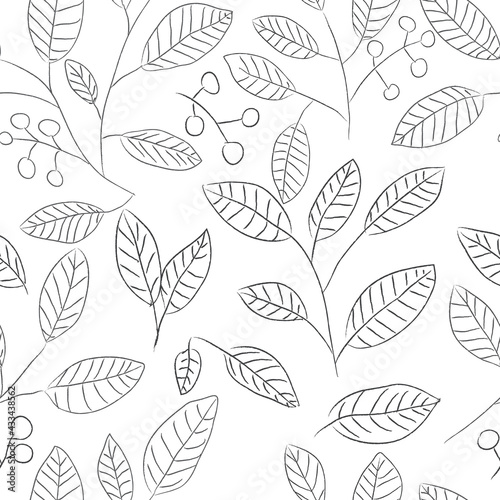 Seamless pattern with sketch leaves and berries in gray on a white background. © Irina