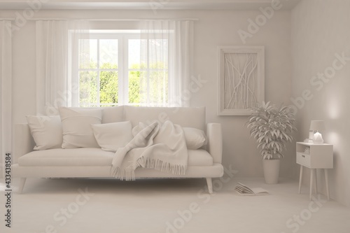 Mock up of stylish room in white color with sofa and green landscape in window. Scandinavian interior design. 3D illustration