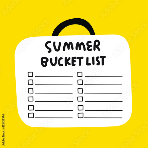 Template of summer bucket list. Icon of suitcase. Hand drawn illustration on yellow background.