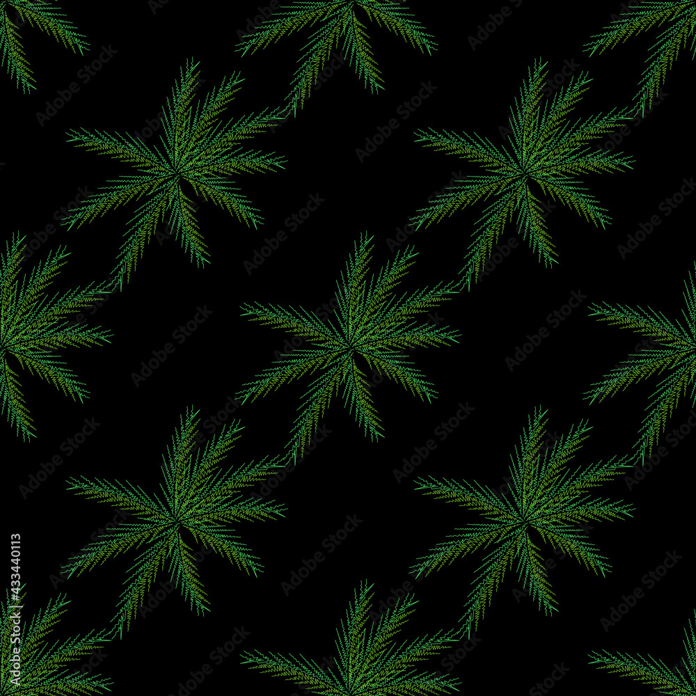 Green leaf embroidery stitches imitation on black background