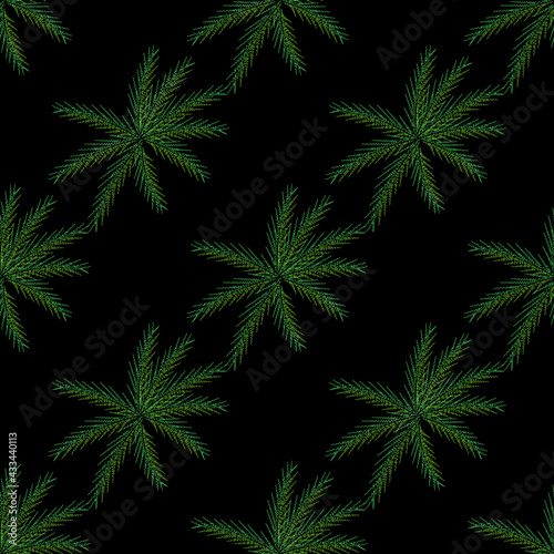 Green leaf embroidery stitches imitation on black background
