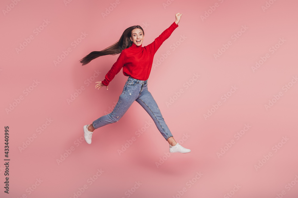 Full body photo of jumping high lady running rushing wear casual clothes