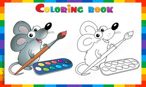 Coloring Page Outline Of cartoon mouse with brush and paints. Little artist. Coloring Book for kids.