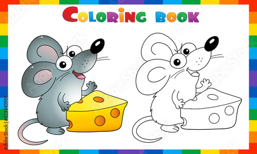 Coloring Page Outline Of cartoon little mouse with cheese. Coloring Book for kids.