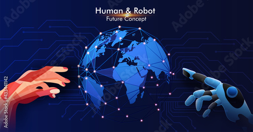 Wireframed blue robot hand vs human han touching digital world map on dark background 3D rendering  planet Earth interface   with virtual graphic interface. and artificial intelligence