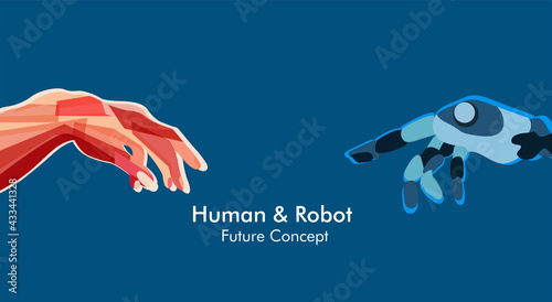 Blue Robot hand vs Human hand touching digital with virtual graphic interface. Futuristic Artificial intelligence concept  on dark background