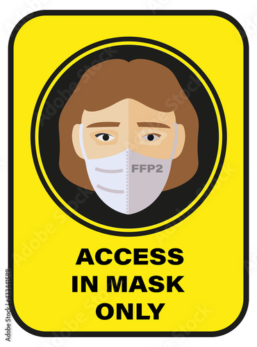 The girl in the protective mask FFP2. Vector illustration of icons, object for signage, label. Yellow background. Flat style. 