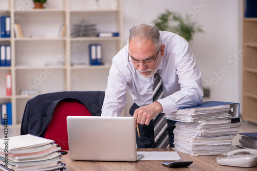 Aged male employee unhappy with excessive work in the office