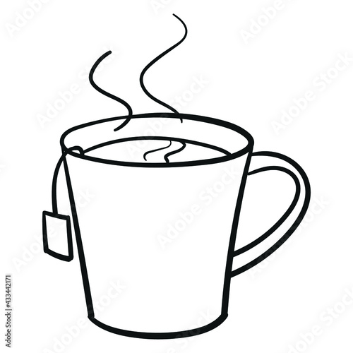 teacup with teabag. outline, comic, monochrome.