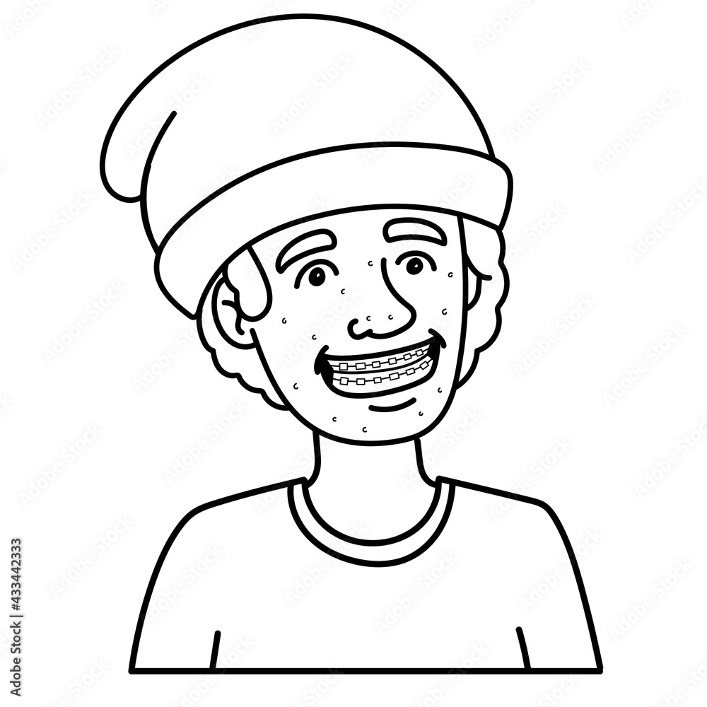 boy with hat and braces. comic, outline, avatar, puberty. boy with hat and braces. comic, outline, avatar, puberty.