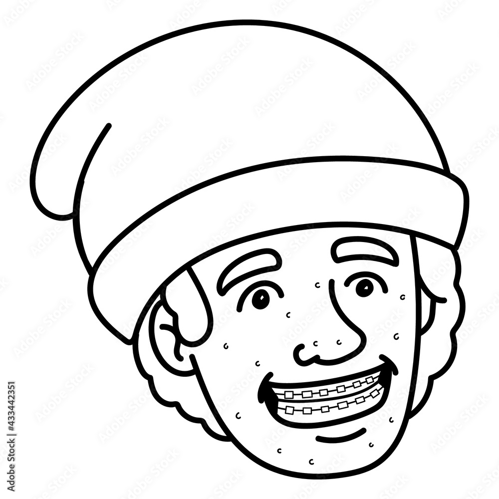 laughing boy with braces and cap. monochrome, outline, comic, avatar, head. laughing boy with braces and cap. monochrome, outline, comic, avatar, head.
