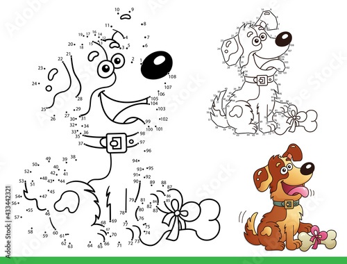 Puzzle Game for kids: numbers game. Coloring Page Outline of cartoon dog with bone. Coloring Book for children.