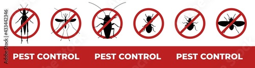 Pest control web banner design. Minimal graphic illustration with red circle prohibition signs of six insect pests: grasshopper, mosquito, cockroach, termite, bedbug, fly.