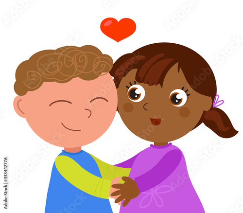 Afro and caucasian children hugging each other with love vector illustration