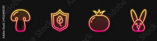 Set line Tomato, Mushroom, Vegan food diet and Animal cruelty free. Glowing neon icon. Vector