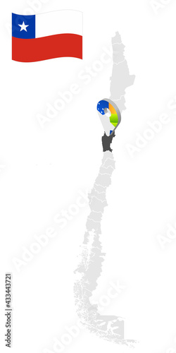 Location of  Coquimbo Region on map Chile. 3d location sign similar to the flag of Coquimbo. Quality map  with  provinces of  Chile for your design. EPS10