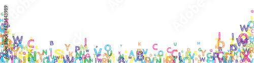 Falling letters of English language. Bright handdrawn flying words of Latin alphabet. Foreign languages study concept. Beautiful back to school banner on white background.