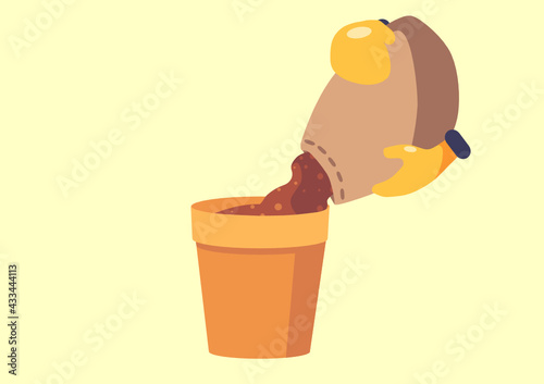 pour plant soil in pot, fertilize spring gardening transplant plants, flat illustration of pour the soil into the pot