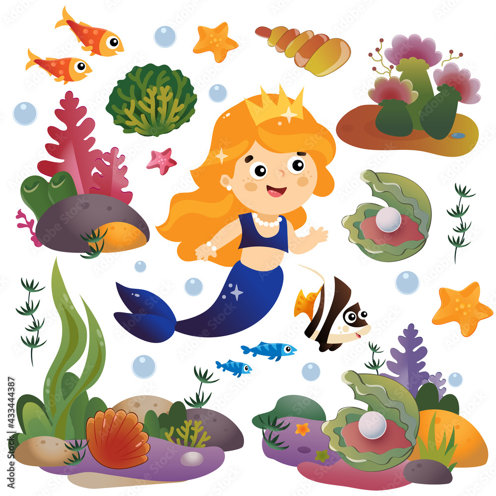 Cartoon beautiful little mermaid. Marine princess. Underwater world. Coral reef with fishes, pearl shells and sea star. Colorful vector set for kids.