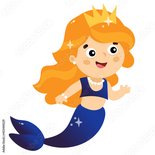 Cartoon beautiful little mermaid. Marine princess. Colorful vector illustration for kids