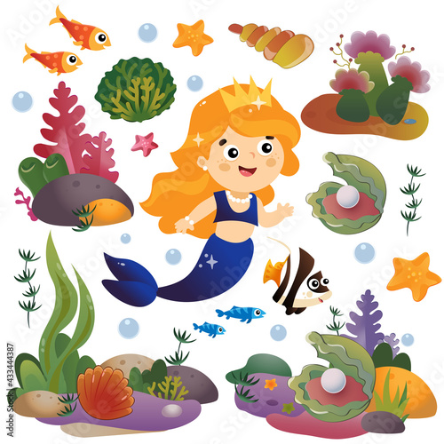 Cartoon beautiful little mermaid. Marine princess. Underwater world. Coral reef with fishes  pearl shells and sea star. Colorful vector set for kids.