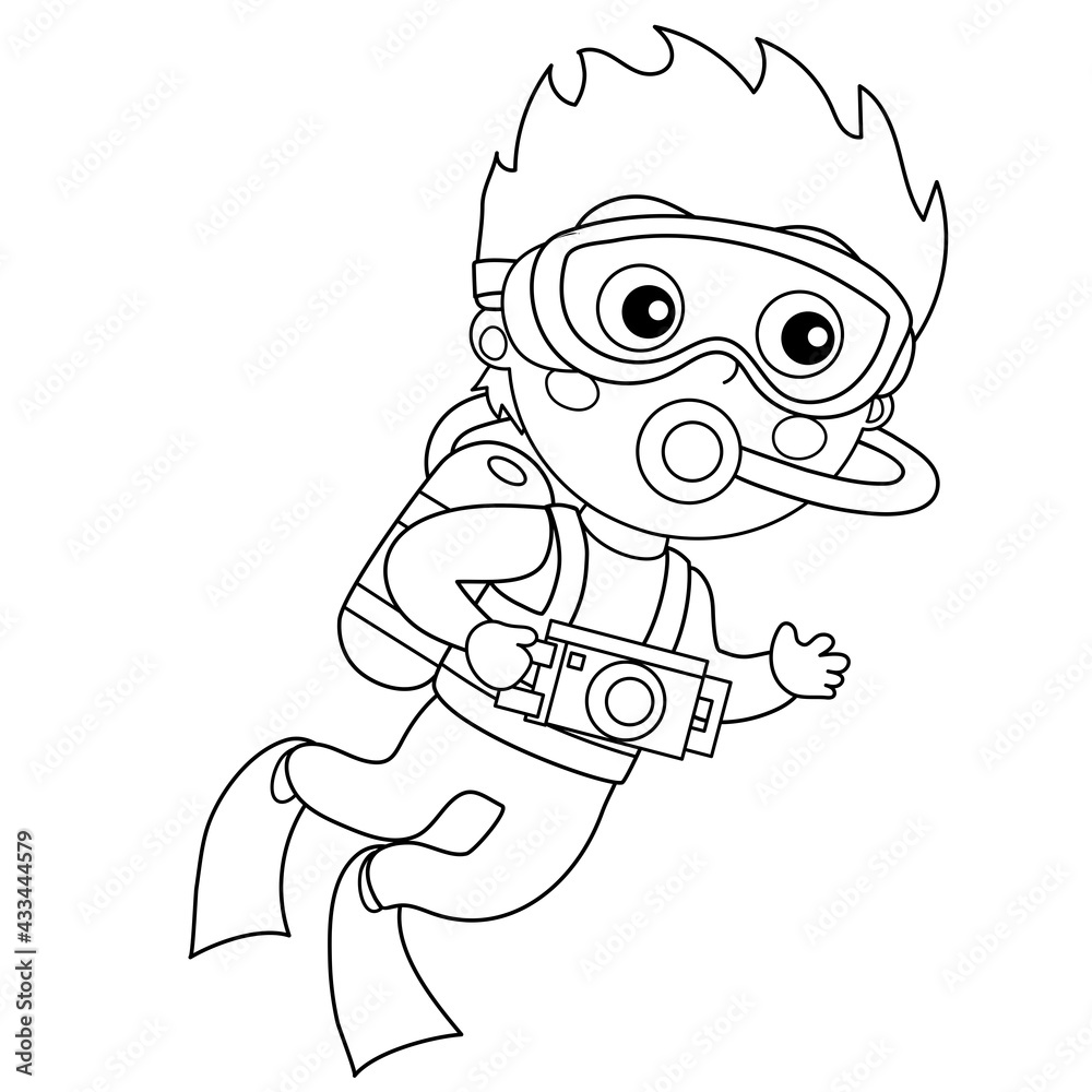 Obraz premium Coloring Page Outline of cartoon little boy scuba diver. Marine photography or shooting. Underwater world. Coloring Book for kids.