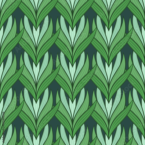 Seamless pattern with tulips in flat modern style. Design from multi-colored tulips in Damascus style. Vector illustration