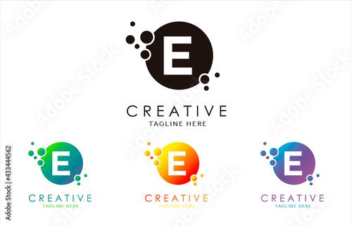 E Dots Letter Logo set in Beautiful Gradient Color. E bubble letter in black, purple, yellow and green gradient vector illustration. 