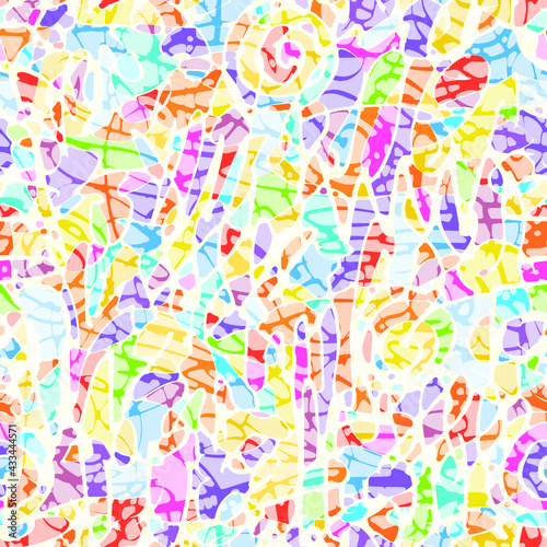 Abstract seamless pattern with multicolored spots and white sinuous lines. A repeating vector background similar to beautiful batik. Suitable for wallpaper design  wrapping paper  fabric