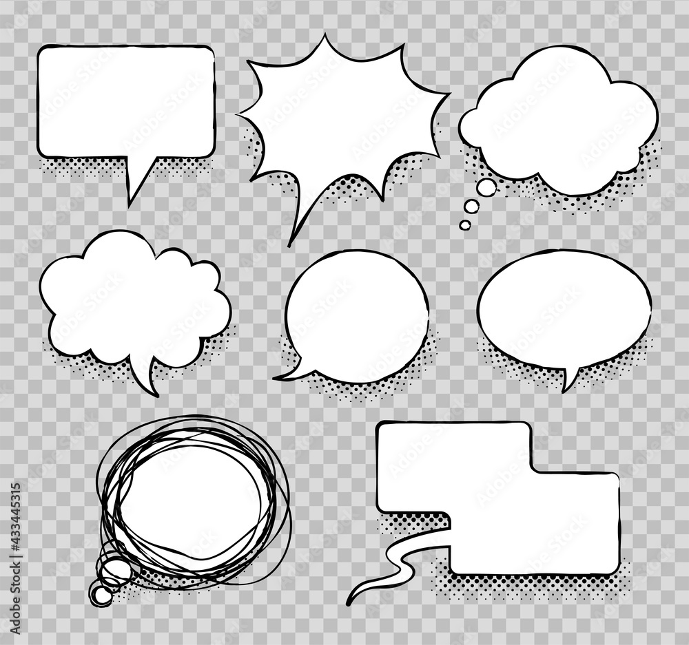 Comics message clouds collection. Hand drawn speech bubbles. Chat emotions  messages. Comic balloon doodle style. Web design elements text for banners,  transparent grid background. Vector illustration. Stock Vector | Adobe Stock