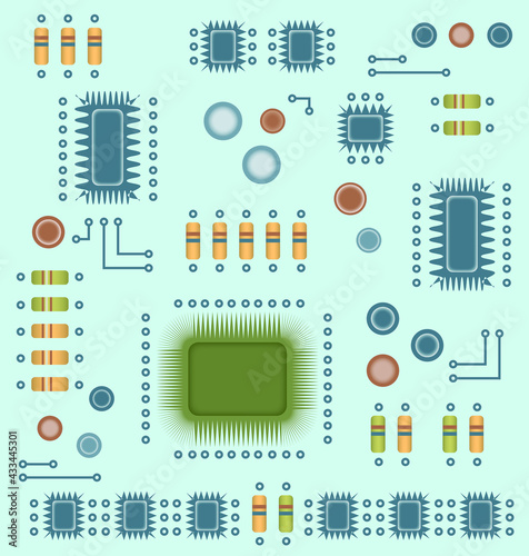 Abstract electronic circuit board. Microprocessor, microcircuits and other electronic components are located on the board and create a geometric pattern on it. Illustration. Vector, eps10. photo