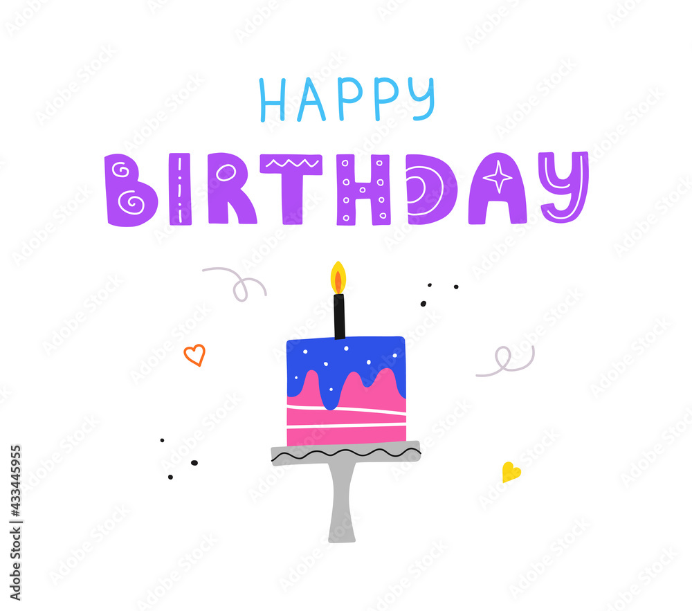 Fototapeta premium Happy birthday lettering with cake flat greeting card template. Bday celebration.
