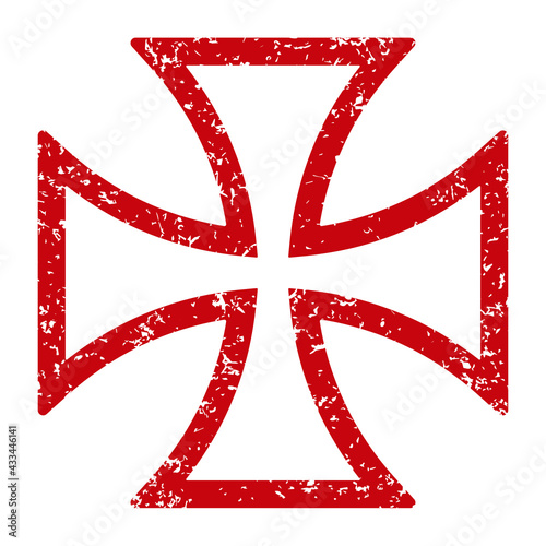 Maltese cross vector shape symbol. Christianity sign. Grunge texture. Christian religion icon. Catholic and protestant faith logo or image. Teutonic crusader label. Gothic crusade crucifix.