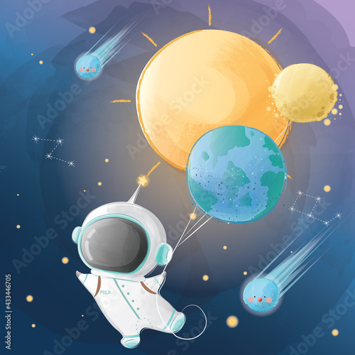 Little Astronaut Flying with Planet Baloons
